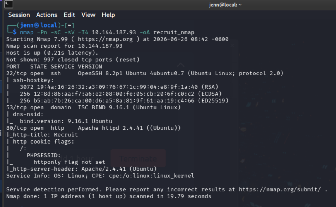 Nmap scan results showing open ports and service versions